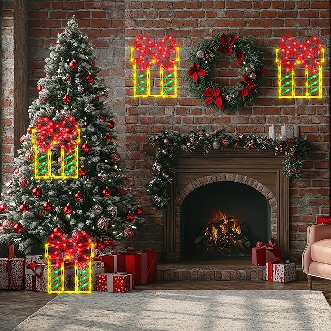 16" Christmas Window Silhouette Lights Decorations - 4 Pack Christmas Lighted Gift Boxes- Used for Holiday Christmas Trees, Wall, Fireplaces, Interior and Exterior Door and Window Decorations