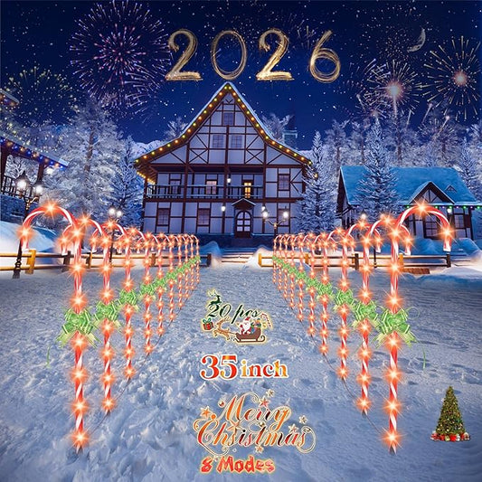 35" Candy Cane Lights - 20 Pack 8 Modes, 30V LED Candy Cane Lights Christmas Decor, Outdoor Christmas Decorations for Yard, Lawn, Garden and Pathway