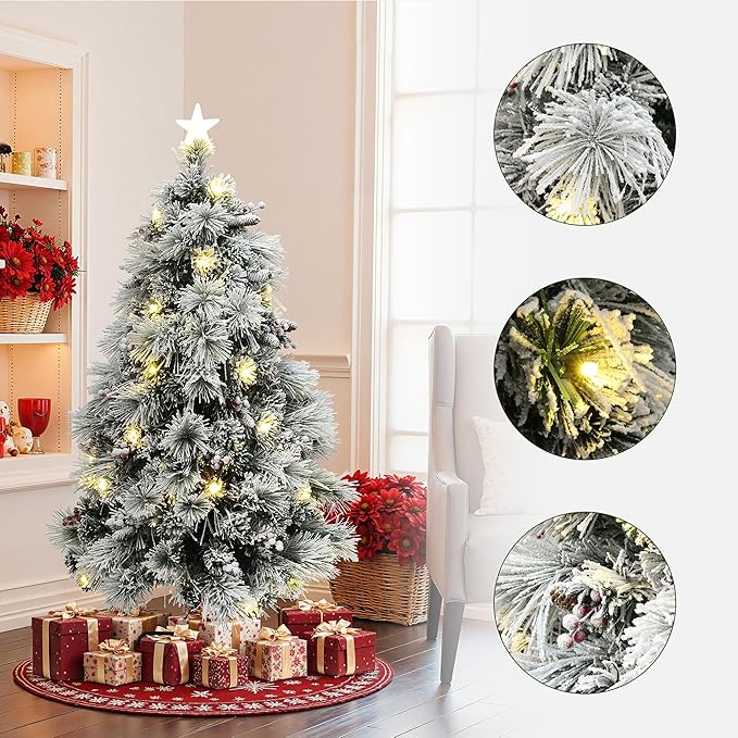 LuxenHome 5FT Flocked Christmas Tree, Christmas Tree with Lights, Pine Cones and Red Berries, White Artificial Trees with 75 LED Lights, 193 PVC and Bristle Tips for Living Room, Entryway Decor