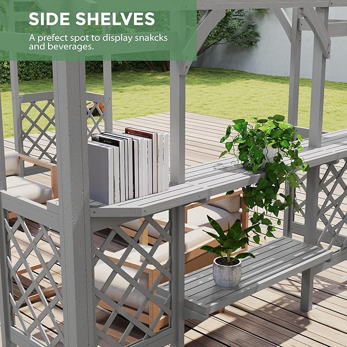 10' x 14' Wood Pergola Outdoor, Patio Pergola Solid Structure with Shelves, Painted Wood Frame with Arched Top for Garden Porch Deck,Grey