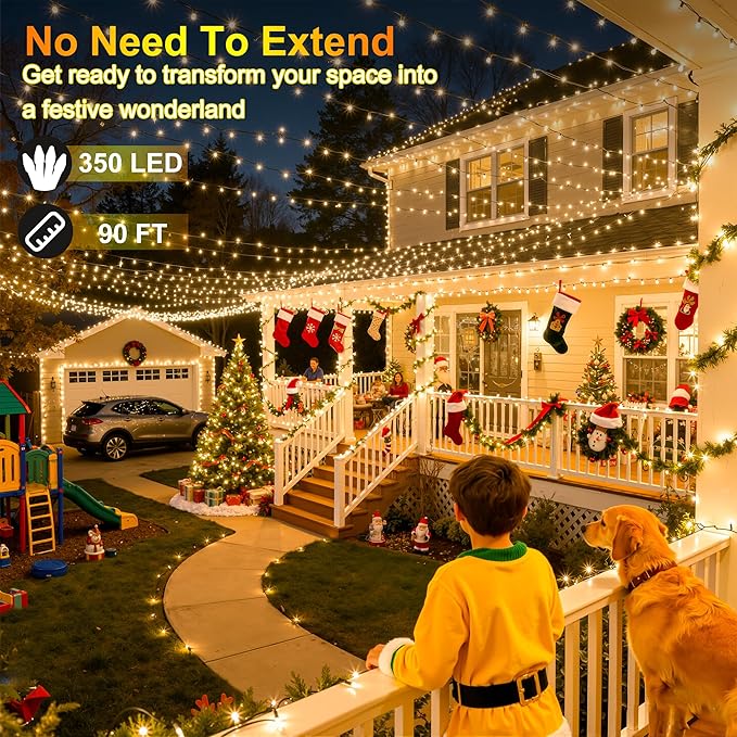 350LED Christmas Lights Indoor Outdoor, 90ft 12 Modes Warm White LED String Lights with Timer Dimmable, Waterproof Tree Lights for Xmas Patio Yard Fence Bedroom Wedding Garden Decor Warm White