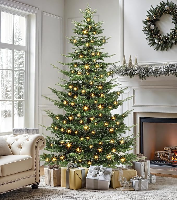 DWVO 7.5ft Aspen Fir Artificial Christmas Tree, Layered Christmas Tree with Crystal Embellishments, 1319 Mixed PE & PVC Branch Tips, 700 Lights, in a Vibrant Green