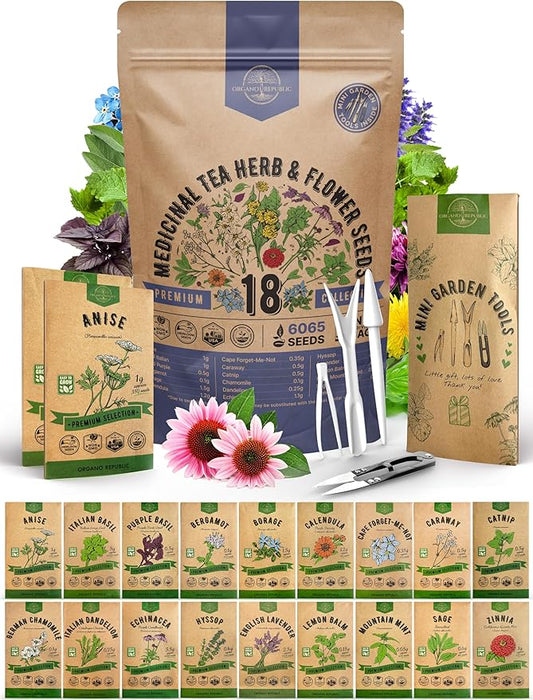 18 Medicinal Tea Herb & Flower Seeds Variety Pack - 6,100+ Non-GMO Heirloom Flower Seeds for Outdoor and Indoor Home Gardening, Including Anise, Borage, Catnip, Chamomile, Dandelion, Lavender, Sage