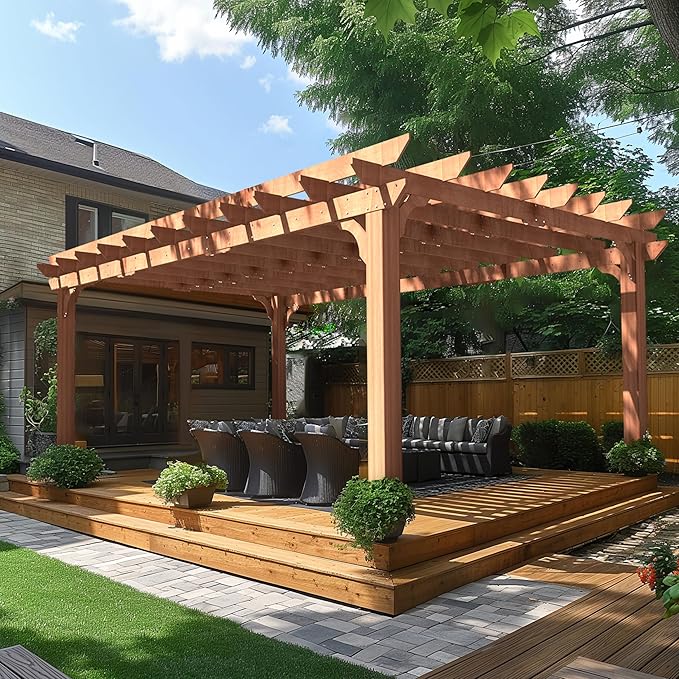 BlueWish 12’x16’ Patio Pergola, Cedar Wood Pergola with Unparalleled Slatted Roof Trellis, Outdoor Pergolas Backyard Gazebo with Solid Structure for Deck Grill Party Garden