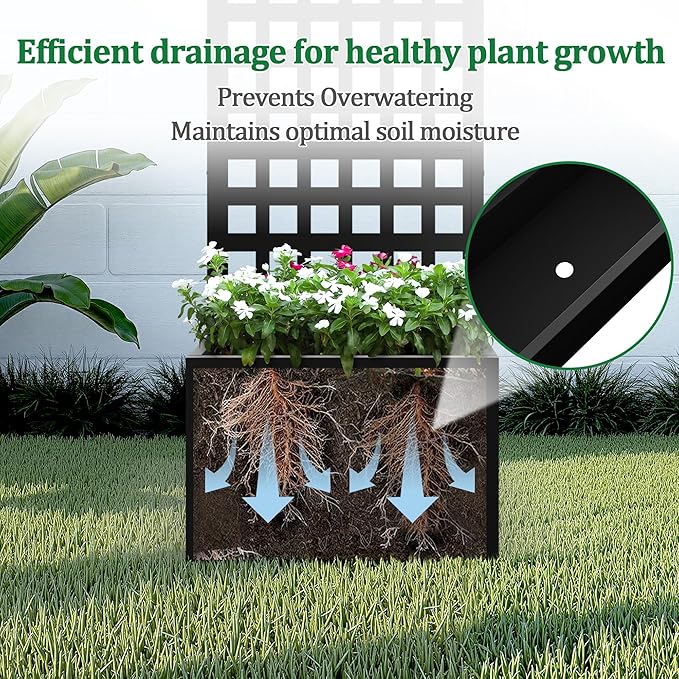 Metal Raised Garden Bed with Trellis, 2 in 1 Trellis with Planter Box & Privacy Screen for Climbing Plants, Vine, Outdoor Standing Flower Beds with Drainage Holes, 23.6"L x 11.8"W x 63"H, Black