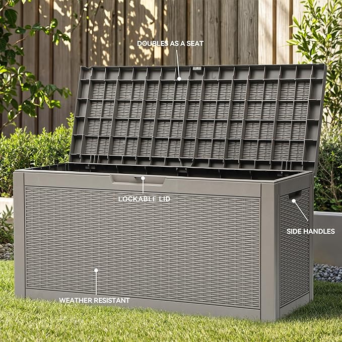 YITAHOME 60 Gallon Resin Deck Box, Weather Resistant Outdoor Rattan Storage Box, Lockable Indoor Outdoor Storage for Supplies and Essentials, Taupe