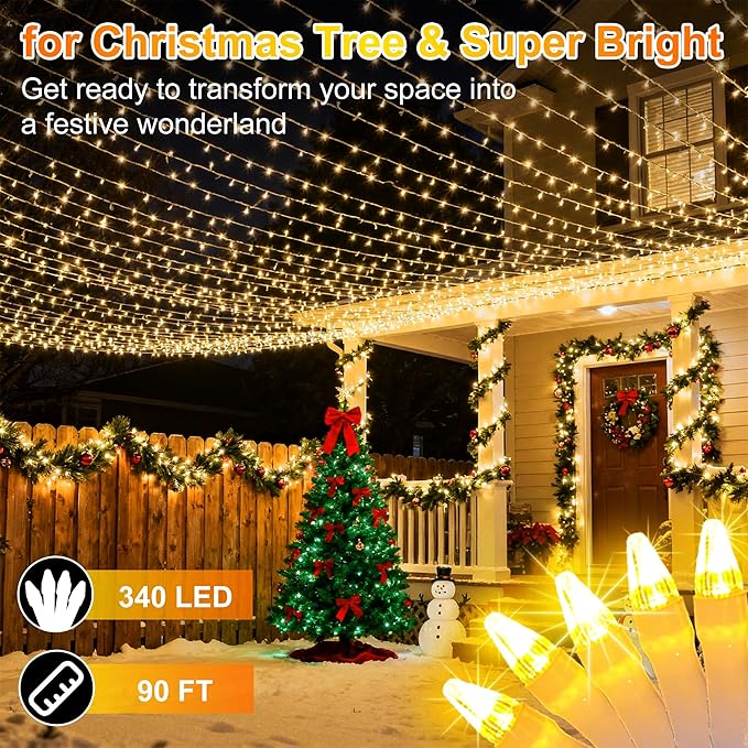 340 LED 90FT Christmas String Lights Outdoor, 12 Pro Modes and Timer Memory & Brightness, Plug in Outdoor Waterproof Clear Wire Twinkle Light for for Xmas Yard Tree Wedding Party Decor (Warm White)