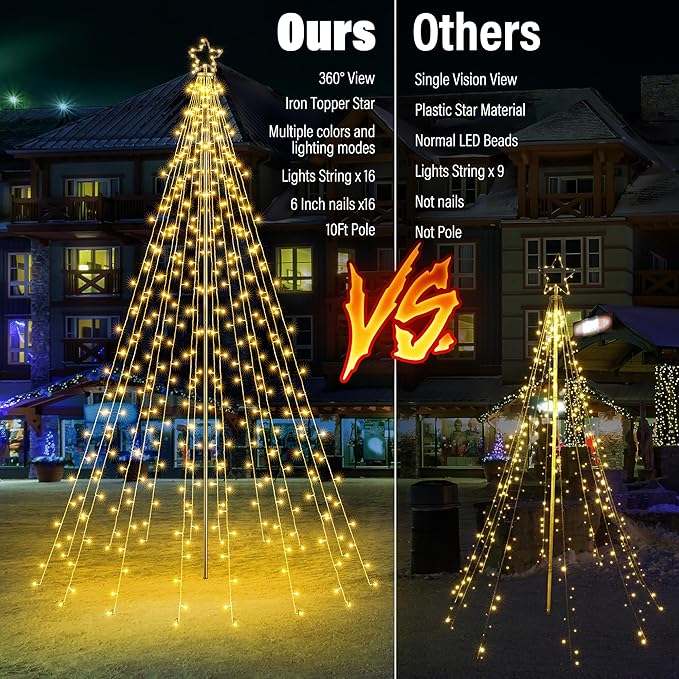 Lomotech Christmas Tree Lights - 10Ft 404 LED with 7.08" Topper, Remote Controll Waterproof Iron Pole Waterfall Lights for Outdoor Christmas Decorations (Warm White)