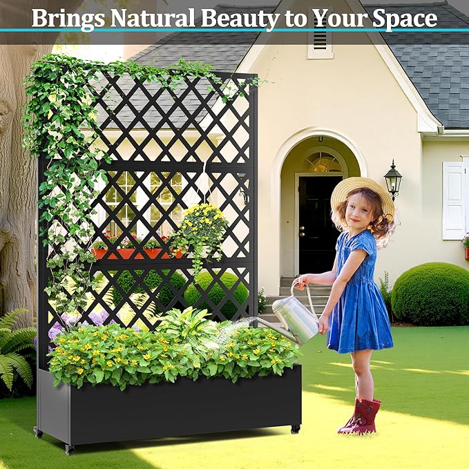 Metal Planter Box with Trellis, Planter Box with Privacy Screen, Privacy Trellis Outdoor for Climbing Plants with Drainage Holes, Raised Garden Bed with Wheels
