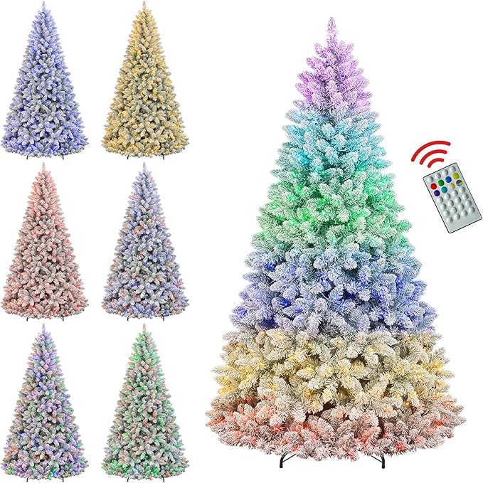 Hykolity 6ft Pre-lit Flocked Christmas Tree with Remote Control, 250 Multi-Color RGB Lights,1032 PVC Branch Tips, 15 Mode Artificial Hinged Christmas Tree for Home
