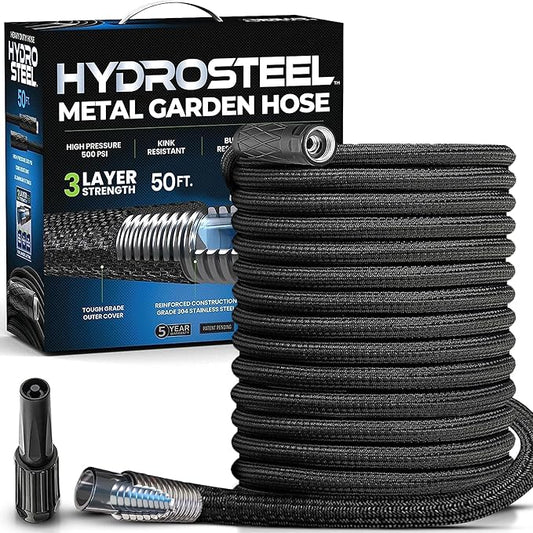 HYDROSTEEL 50 Ft Metal Garden Hose with Sprayer Nozzle, Indestructible 3-Layer Stainless Steel Heavy Duty Water Hose 50Ft x 5/8 in. Kink Free Design Will Not Kink, Flexible, NON Expandable, Black