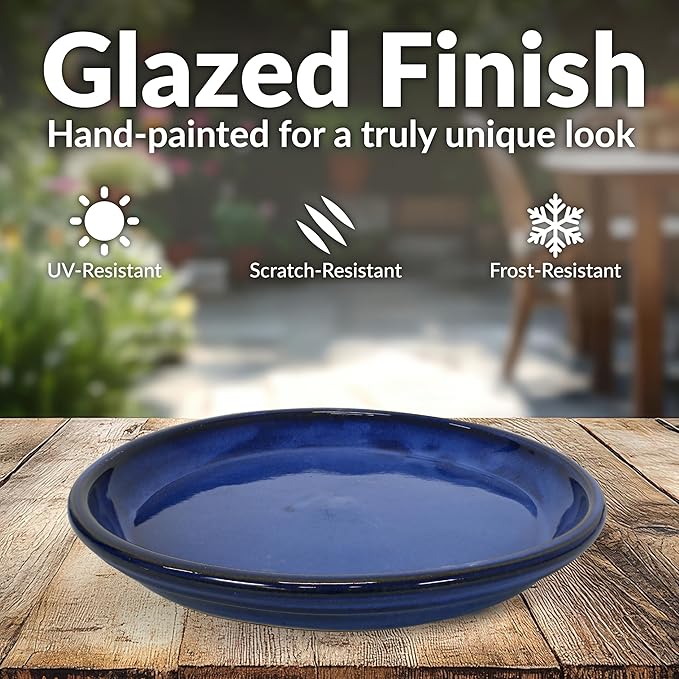 Sunnydaze 12-Inch Ceramic Plant Saucers - Plant Drip Trays for Outdoor Planter Flower Pot Drainage - Set of 2 - Imperial Blue