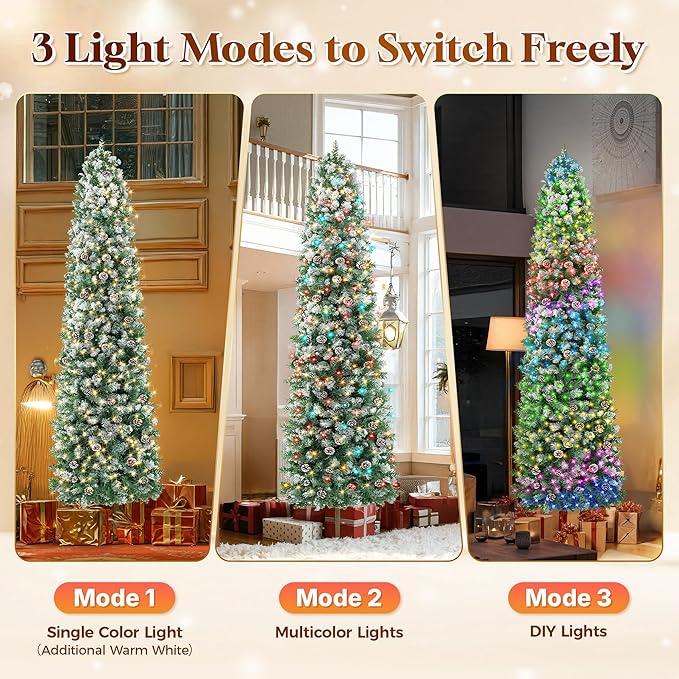 HOLLO STAR 9 ft Prelit Christmas Tree with 500 LED Lights, App Control, Slim Pencil Christmas Tree, Multi-Color RGBW Lights, 1426 Flocked Frosted Tips, Xmas Tree, 95 Pine Cones, for Home, Party