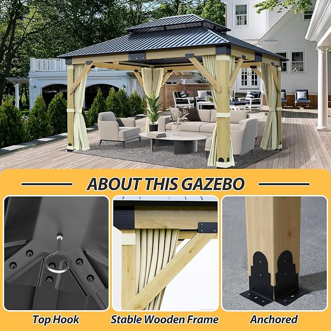 11'x13' Wood Gazebo, Hardtop Cedar Gazebos with Double Roof Galvanized Steel Top, Outdoor Solid Wooden Pavilion with Curtain & Netting for Garden, Patio, Deck, Backyard