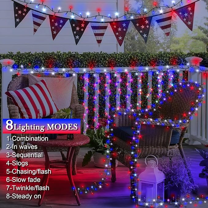 4th of July Patriotic Decoration, 500 LED Red White and Blue Lights with 8 Modes, Outdoor Waterproof String Lights for Fourth of July, Memorial Day, Independence Day Decor