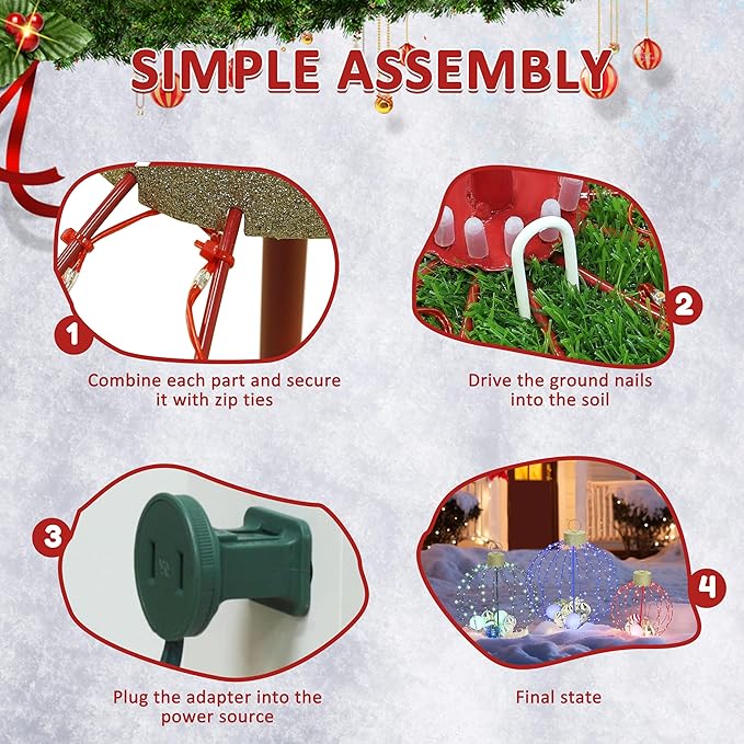 Outdoor Christmas Decorations, Set of 3 Lighted Christmas Ball Ornaments with 570 LED Lights, 6 Ground Stakes, Included 20 Small Plastic Xmas Ball Ornaments for Holiday Decor Yard