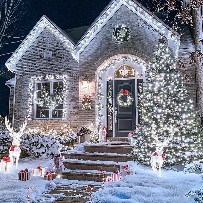 JMEXSUSS 300 LED White Christmas Lights, Outdoor Indoor, Green Wire, 8 Modes, Waterproof, Perfect for Xmas, Wedding, Party, Garden