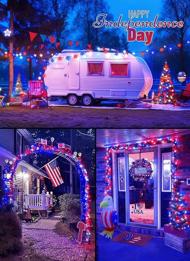 Red White Blue String Lights Plug in with Adapter,100 LED 33 Feet 4th of July Decoration Patriotic Mini Lights with Remote, Waterproof for Indoor Bedroom Wedding Party Holiday Independence Day