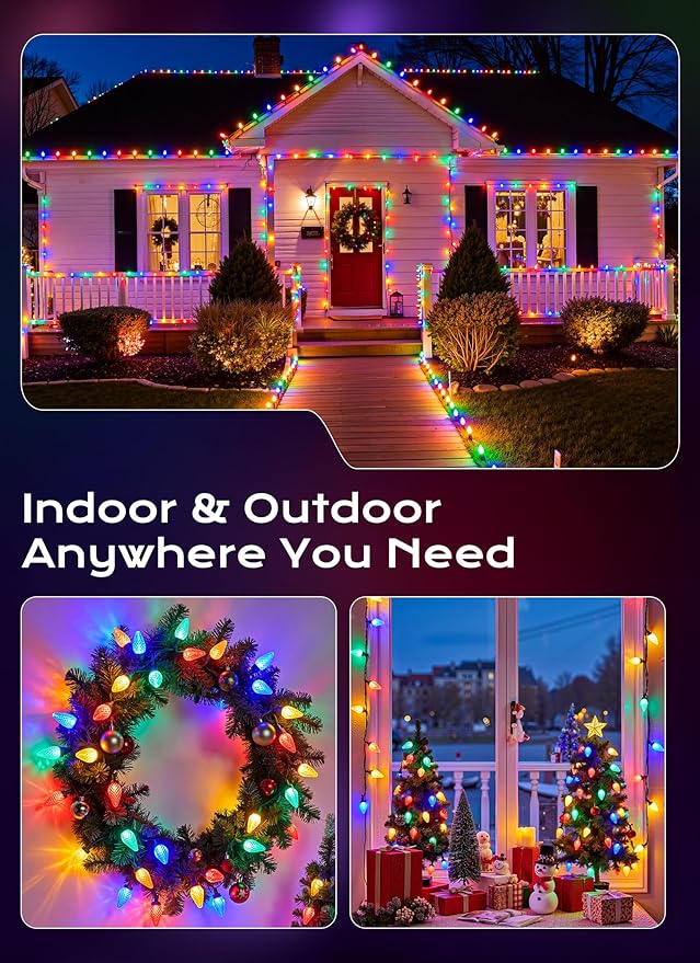 C9 Outdoor Christmas Lights, 33 FT 50 LED C9 String Lights, 8 Modes & Timer Connectable Waterproof for Christmas Tree light Indoor Outdoor Roofline Patio Outside Yard Holiday Xmas Decor, Multicolor