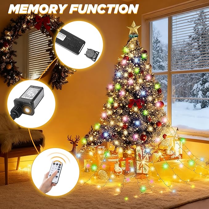Christmas Tree Lights - 480 LEDs 9.8FT x 16 String Lights with Memory Function & 8 Modes, Fairy Lights with Remote Control & Timer for Christmas Tree Decorations - Multicolor