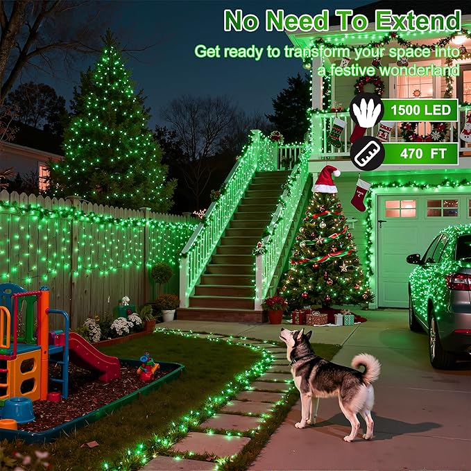 470FT 1500LED Christmas Lights, 12 Modes Green Outdoor String Lights with Timer & Dimmable, Waterproof Green Wire Christmas String Lights for Indoor Tree Xmas Patio Fence Balcony Garden Party Decor