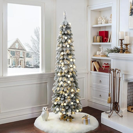 LuxenHome 6FT Flocked Christmas Tree, Slim Pencil Christmas Tree Pre-lit with 150 Warm White LED Globe Lights, Lighted Artificial Christmas Trees with Stand for Indoor, Outdoor Holiday Decorations