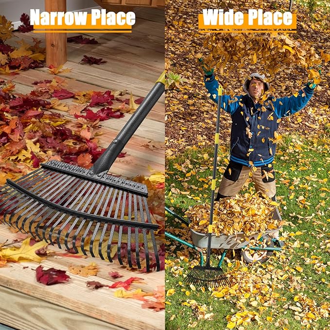 79" Leaf Rake- 25 Metal Tines 18" Wide Adjustable Long Handle Metal Leaf Rake for Lawns Heavy Duty for Yard Lawn Shrub Garden Beds