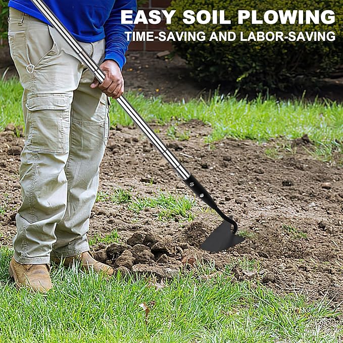 Warren Hoe, Carbon Steel Triangle Garden Hoe with Stainless Steel 57" Adjustable Long Handle, Heavy Duty Gardening Hand Tools Hoe for Ridging Weeding Digging Loosening Edging Soil, balck