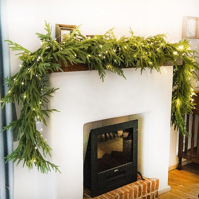 MISSPIN 9ft Christmas Garland with LED Lights, Real Touch Norfolk Pine Garland, Green Artificial Greenery Garland for Table, Mantle, String Light, Wall, Indoor, Outdoor Christmas Decorations