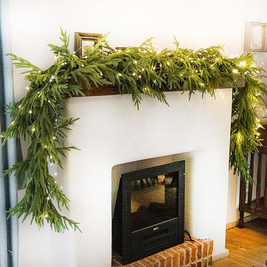 MISSPIN 9ft Christmas Garland with LED Lights, Real Touch Norfolk Pine Garland, Green Artificial Greenery Garland for Table, Mantle, String Light, Wall, Indoor, Outdoor Christmas Decorations