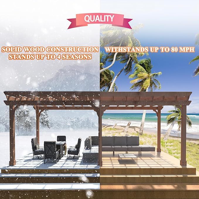 BlueWish 12’x20’ Outdoor Pergola with 5.5” Thick Wind Support Structure, Cedar Wood Patio Pergolas, Pergola Kits Backyard Gazebo with Stakes for Deck Grill Party Garden