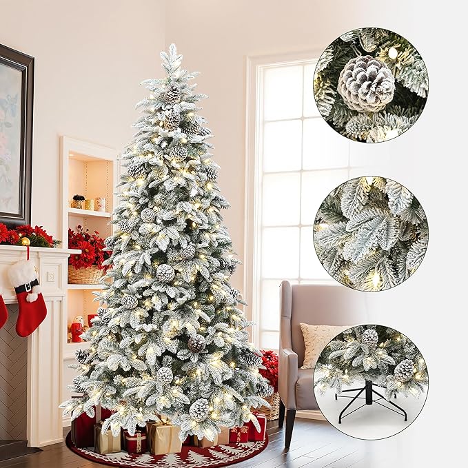 LuxenHome 7FT Christmas Tree with Lights, Flocked Artificial Christmas Tree with 8 Lighting Functions, 330 LED Lights, Pine Cone, Prelit Xmas Trees for Indoor and Outdoor Holiday Decor
