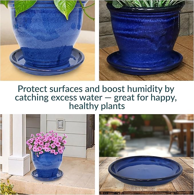 Sunnydaze 12-Inch Ceramic Plant Saucers - Plant Drip Trays for Outdoor Planter Flower Pot Drainage - Set of 2 - Imperial Blue