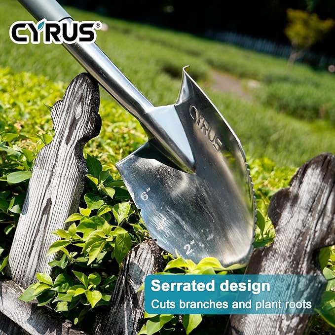 CYRUS Garden Shovel for Digging, 28 Inches in Total Length, Mini D-Shape Heavy Duty Shovel with Serrated Edges, Suitable for Garden, Lawn and Outdoor Camping
