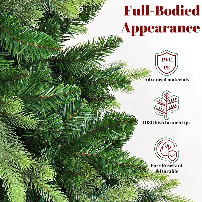 Thalassophile 6.5ft Pre-Lit Full Christmas Tree with Rotating Stand, Prelit Rotating Artificial Hinged Realistic Xmas Tree with Remote, 340 Lights Warm White & Multi Color, 1036 Branch Tips, Green