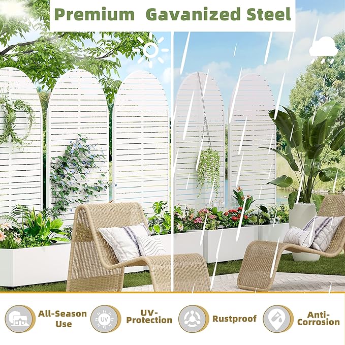 Casaphoria Metal Raised Garden Bed with Trellis and Wheels, 72"x35"x16" Arched Planter Box for Climbing Plants, Vegetables & Vines, Features Drainage Holes and Privacy Screen (White-Louvered)