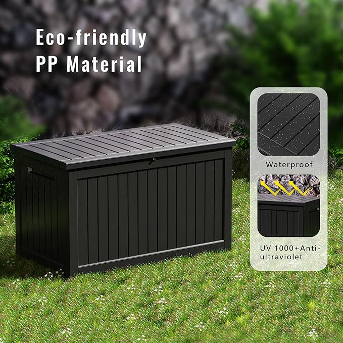 DRATO 230 Gallon Deck Box, Outdoor Large Waterproof Resin Storage Box with Lockable Lid for Patio Cushions, Gardening Tools, Black