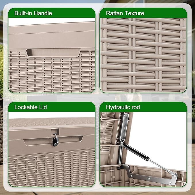 DRATO 260 Gallon Deck Box, Outdoor Large Waterproof Resin Storage Box with Lockable Lid for Patio Cushions, Gardening Tools, Light Brown