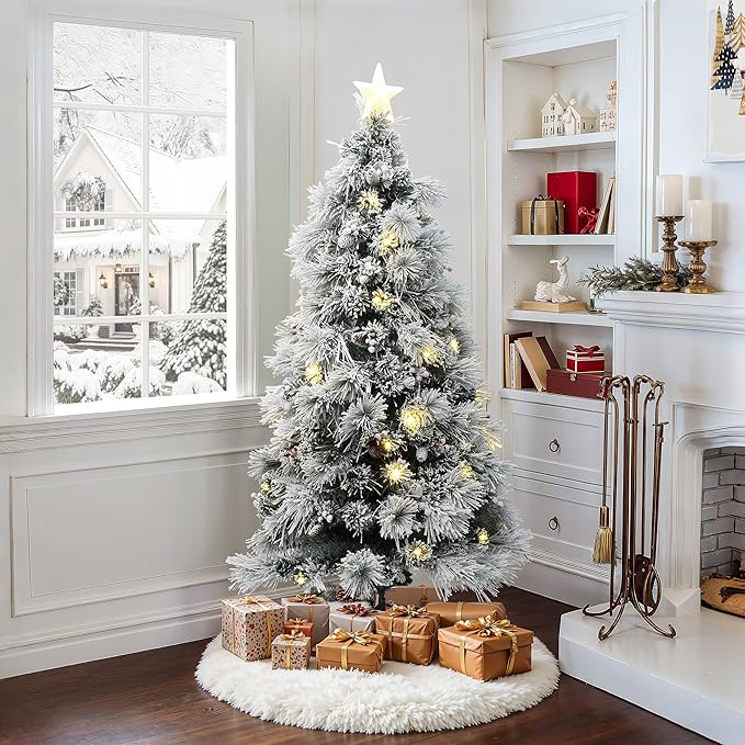 LuxenHome 6FT Flocked Christmas Tree, Christmas Tree with Lights, Pine Cones and Red Berries, White Artificial Trees with 100 LED Lights, 243 PVC and Bristle Tips for Living Room, Entryway Decor