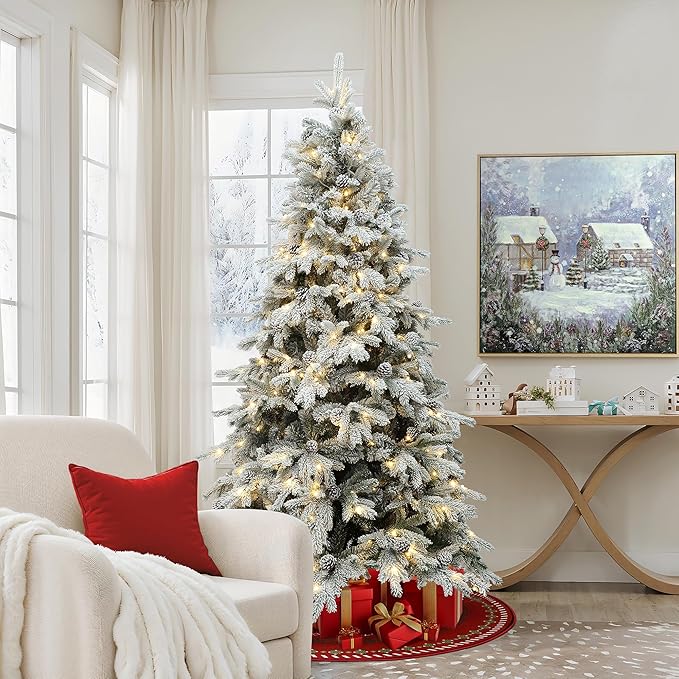 LuxenHome 6FT Christmas Tree with Lights, Full Flocked Artificial Christmas Tree with Pine Cone, 280 LED Lights, and Snow Flocked Branches, Prelit Pine Tree for Indoor, Outdoor Holiday Décor