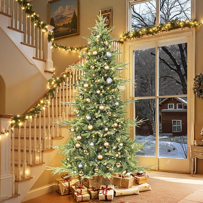 HOLLO STAR 7.5 ft Prelit Pencil Christmas Tree with 400 LED Lights, App Control, Aspen Artificial Christmas Tree, Multi-Color RGBW Lights, 1639 PE & PVC Branch Tips, Skinny Xmas Tree, for Home, Party