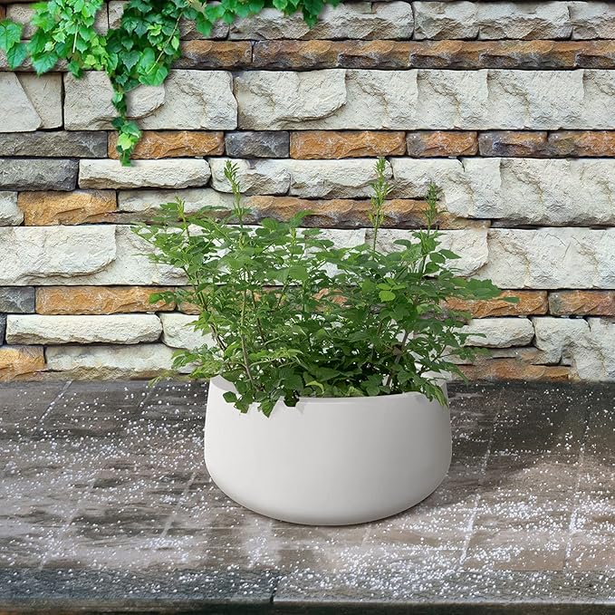 Kante 15.7" Dia Round Concrete Planter, Outdoor Indoor Garden Plant Pots with Drainage Hole and Rubber Plug, Modern Curvaceous Design, Pure White