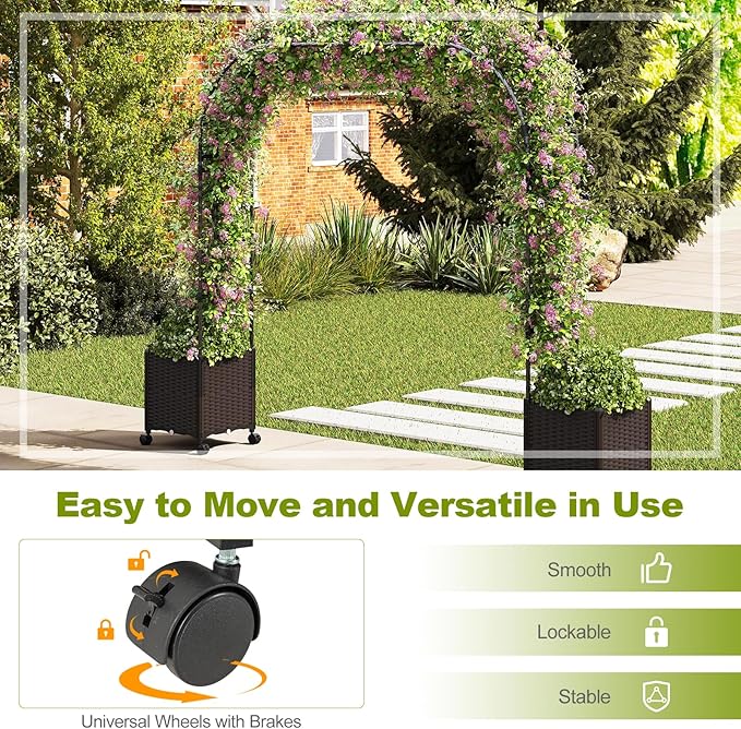 Happygrill 80" Garden Arch Trellis, Metal Archway Pergola with 2 Planter Boxes, Detachable PE-Coated Metal Tubes, Self-Watering System & Lockable Wheels, Outdoor Arbor for Climbing Plants
