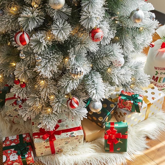 Glitzhome 9ft Pre-Lit Flocked Pencil Pine Artificial Christmas Tree with 500 Warm White Lights and Foldable Metal Stand for Home, Office, Party Decoration, Easy Assembly