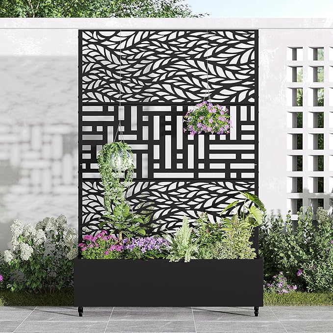 Casaphoria Metal Raised Garden Bed with Trellis and Wheels, 72"x47"x16" Planter Box for Climbing Plants, Vegetables & Vines, Features Drainage Holes and Privacy Screen, Black(Spring&Helen)