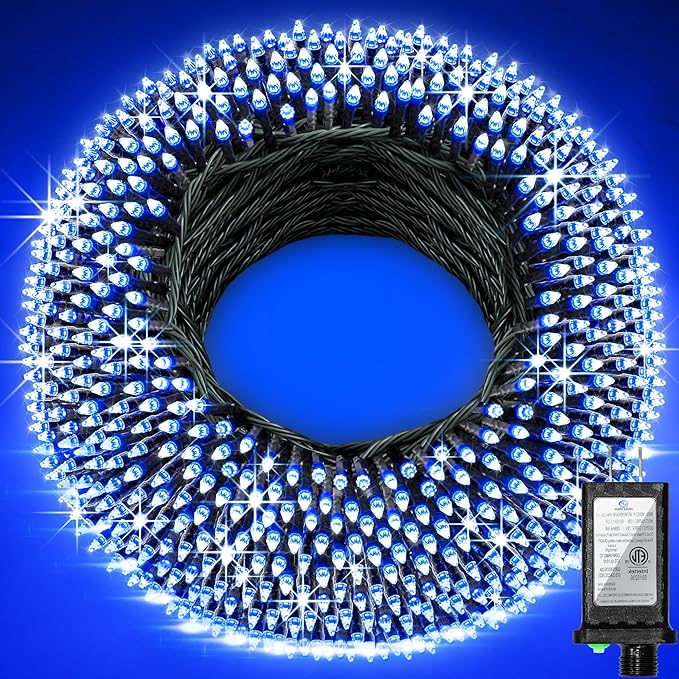 750 LED 256ft Outdoor Christmas Lights, Super Long String Lights 8 Modes Timer Memory, Outsite Waterproof Dark Green Wire Fairy Light Strings for Xmas Tree Wedding Holiday Party Decorations Blue