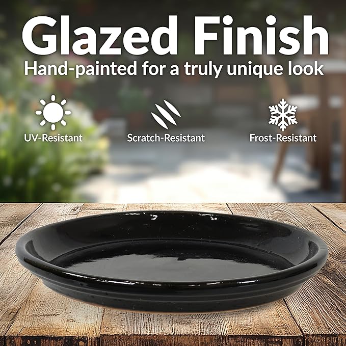 Sunnydaze 12-Inch Ceramic Plant Saucers - Plant Drip Trays for Outdoor Planter Flower Pot Drainage - Set of 2 - Obsidian