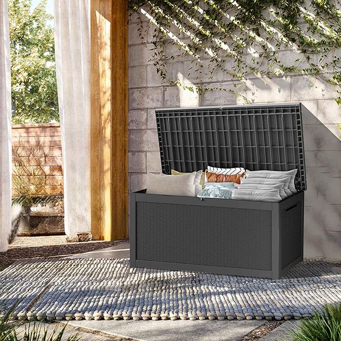 TARKARI 320 Gallon Lockable Resin Deck Box, Waterproof & UV-Resistant Outdoor Storage Box for Outdoor Cushion Storage, Garden Tools & Pool Accessories Storage, Black