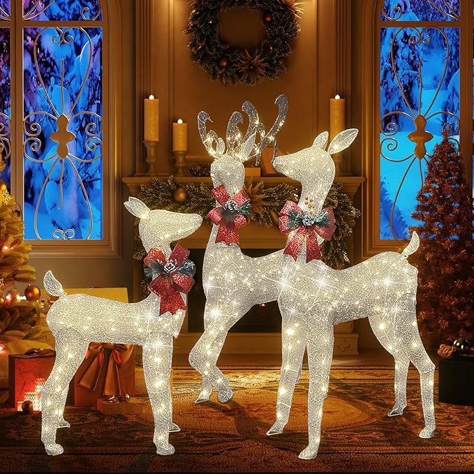 AWQM 3-Piece Lighted Christmas Reindeer, Christmas Deer Family Set with Red Bow, 50+80+100 LED Lights, Indoor or Outdoor Christmas Holiday Decoration for Yards Garden Lawn Patio Light Up Display,White