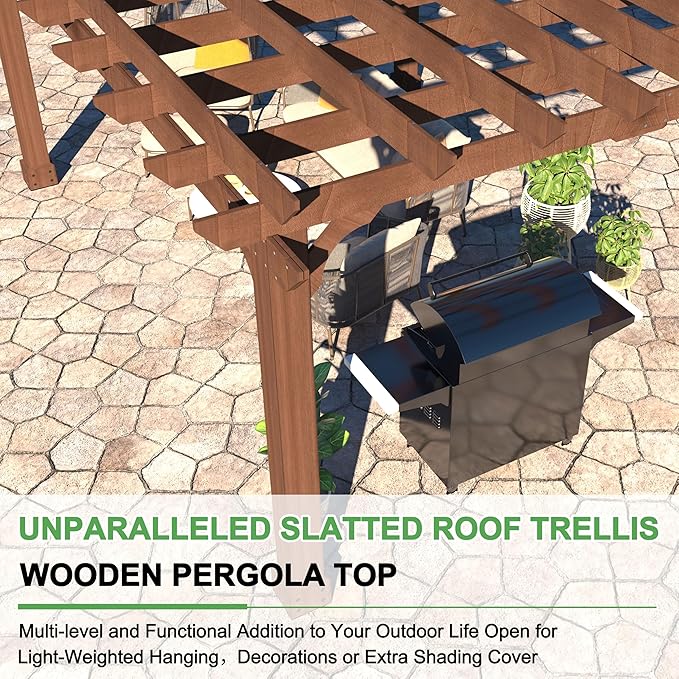 BlueWish 10'x10’ Outdoor Pergola, Patio Fir Wood Gazebo Outdoor Backyard Gazebo Pergola Kits with Slatted Roof Trellis & Stakes for Deck Grill Party Garden